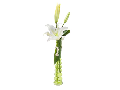 White Lily Flower Arrangement With Buds In Green Vase And Pearl Decorations 3d model