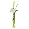 White Lily Flower Arrangement With Buds In Green Vase And Pearl Decorations