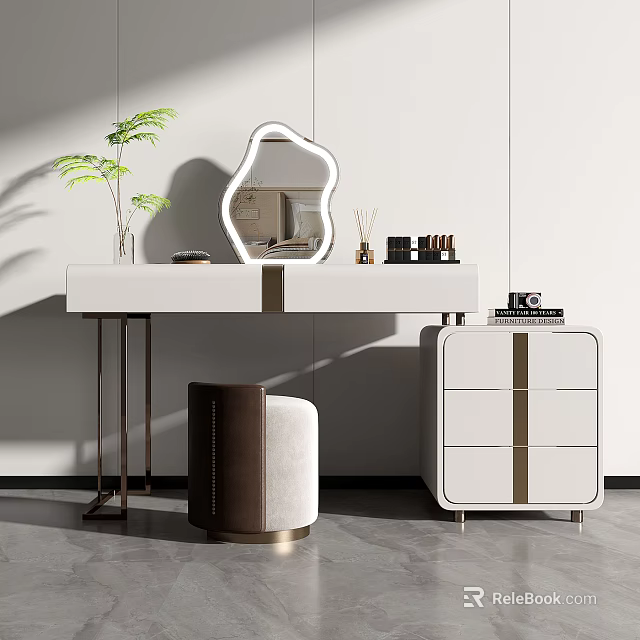 Minimalist Modern Dressing Table With Mirror Stool Cabinet And Plant 3d model