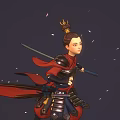 Warrior In Red Black Armor With Topknot Holding Long Sword Amid Falling Petals Dark Background