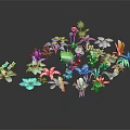 Colorful Cartoon Plant Scene With Vibrant Leaves Flowers And Cute Mushroom Shapes
