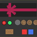 Black Gift Box Decorated With Pink Ribbon Bow And Colorful Stamps In Various Shapes