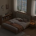 Cozy Bedroom Wooden Beige Upholstered Double Bed With Panda Pillow Orange Blanket Table Lamp And Bookshelf
