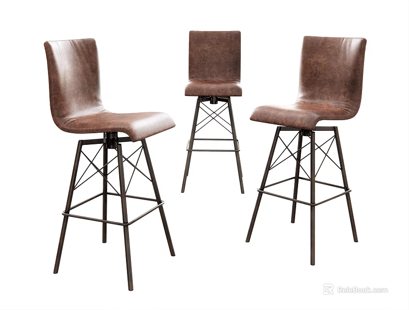 Three Brown Leather Bar Stools With High Backrests And Metal Leg Frames 3d model