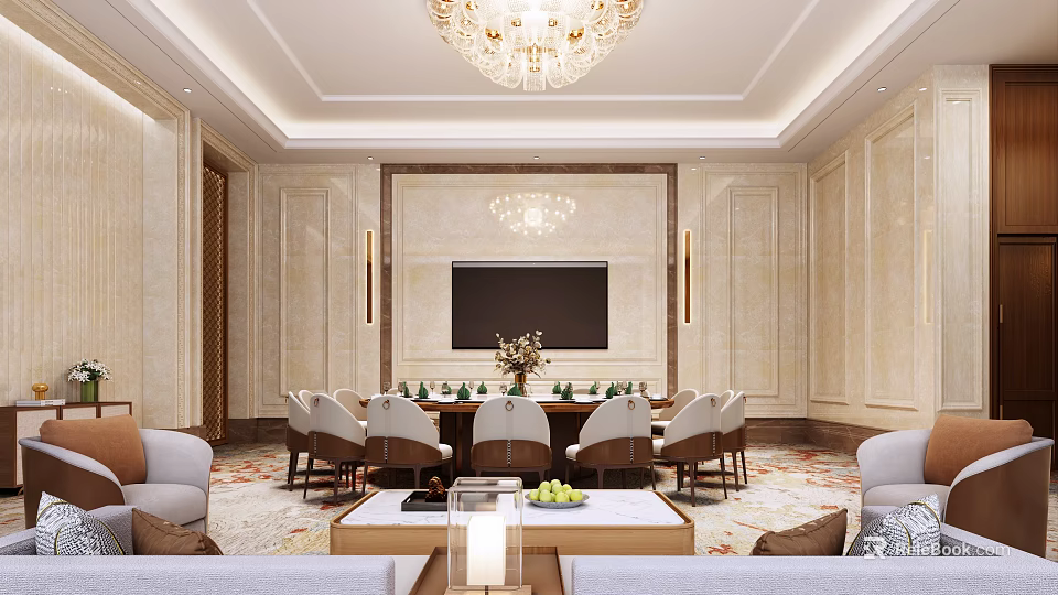 Luxurious Private Room Interior With Chandelier Dining Table And Comfortable Sofa Set 3d model