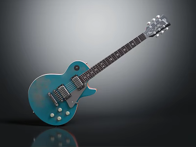 Blue Green Vintage Electric Guitar with Distressed Finish and Reflective Surface on Dark Background 3d model