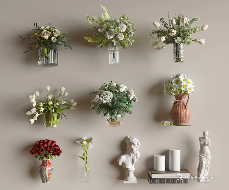 Various Decorative Flower Vases With White Red Blooms And Green Foliage 3d model 
