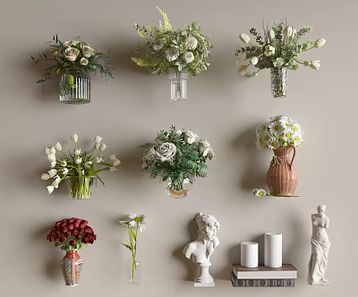 Various Decorative Flower Vases With White Red Blooms And Green Foliage 3d model