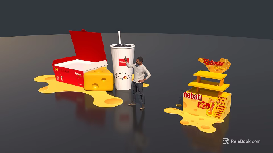 Giant Fast Food Art Installation Featuring Red Pizza Box White Drink Cup And Yellow Flow 3d model 