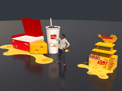 Giant Fast Food Art Installation Featuring Red Pizza Box White Drink Cup And Yellow Flow 3d model