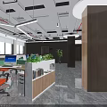 Public Office Space Open Layout With Workstations Green Plants And Marble Flooring 3d model