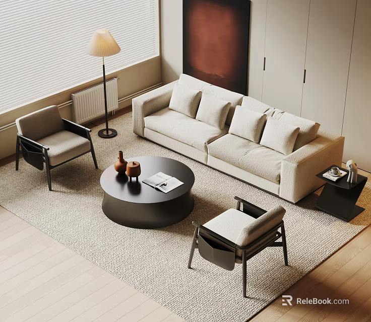 Modern Sofa Coffee Table Combination With Two Gray Armchairs Rug Floor Lamp Living Room 3d model 
