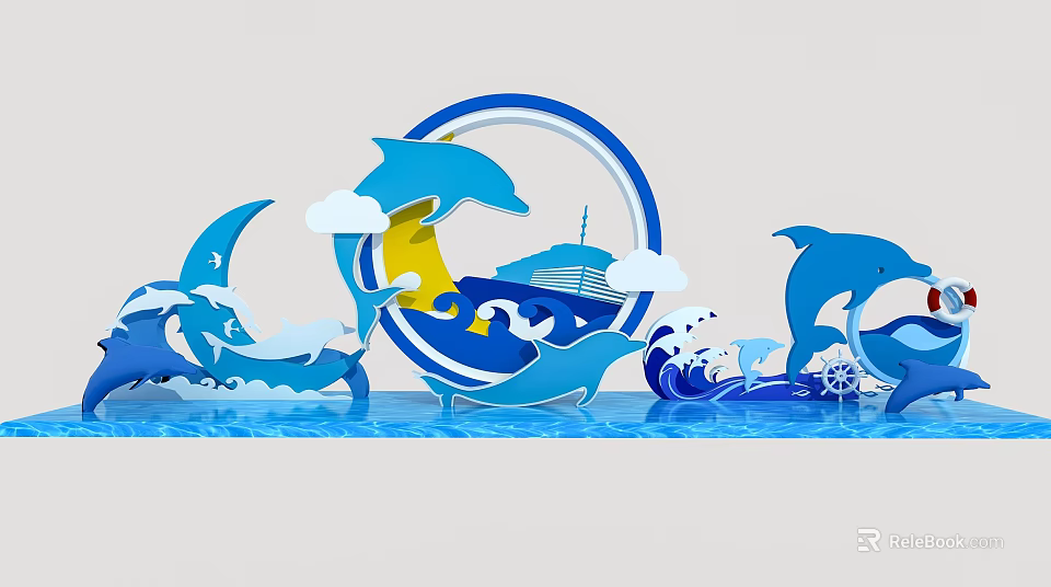 Marine Themed Photo Spot With Dolphins Ocean Waves And Circular Decor 3d model 