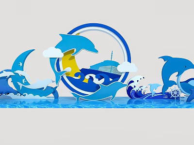 Marine Themed Photo Spot With Dolphins Ocean Waves And Circular Decor 3d model