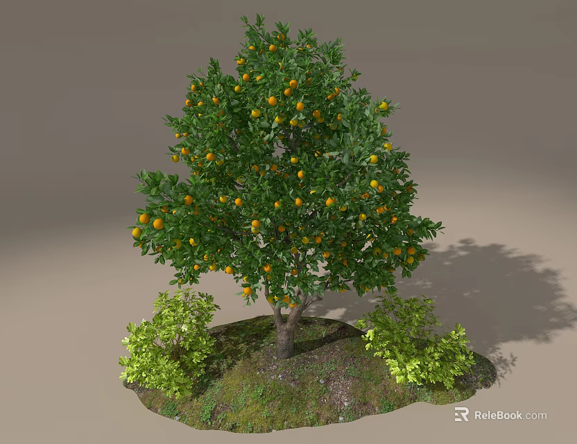 Tree Pit with Fruit Bearing Tree Yellow Fruits Green Shrubs and Grass 3d model 