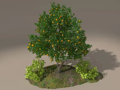 Tree Pit with Fruit Bearing Tree Yellow Fruits Green Shrubs and Grass 3d model