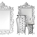 Vintage Black Carved Chest of Drawers with Red Accents and Ornate Mirror