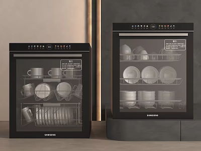 Modern Kitchen Appliances Showcasing Black Disinfecting Cabinets with Cups Plates and Bowls 3d model