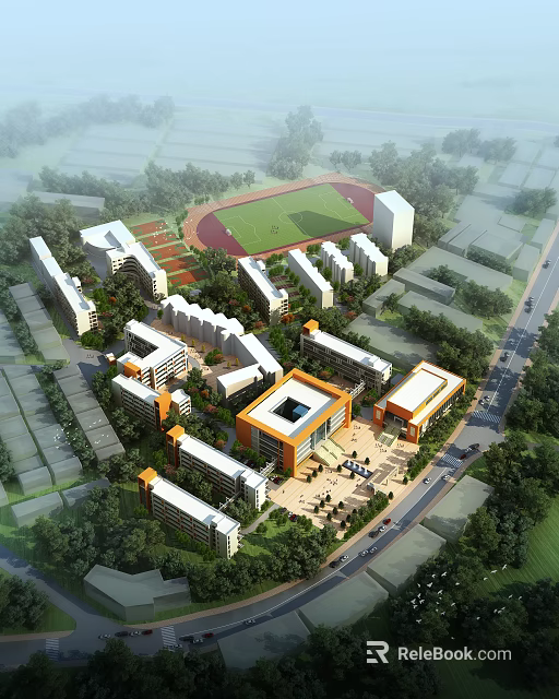 Modern School Campus Buildings with Sports Field Greenery and Central Plaza Area 3d model 