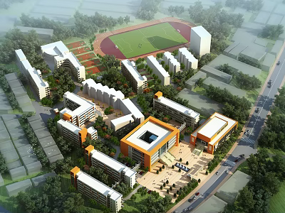 Modern School Campus Buildings with Sports Field Greenery and Central Plaza Area 3d model