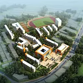 Modern School Campus Buildings with Sports Field Greenery and Central Plaza Area