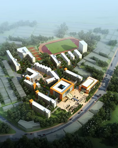Modern School Campus Buildings with Sports Field Greenery and Central Plaza Area 3d model