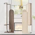 Modern Wooden Room Dividers With Marble Fireplace And Green Plants Artwork