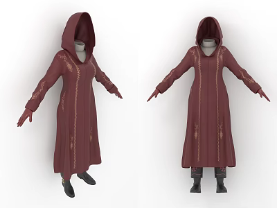 Dark Red Hooded Robe With Embroidered Details Long Sleeved Ankle Length Paired With Black Boots 3d model
