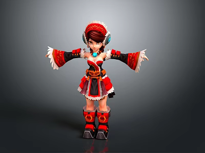 3D Female Game and Movie Character in Traditional Red Costume with Ornate Headwear and Boots 3d model