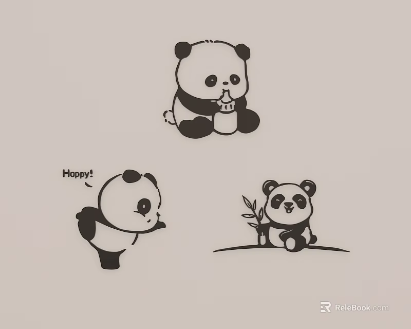 Cute Panda Wall Decor With Dancing Sitting Holding Bamboo Pandas And Hoppy Text Design 3d model 