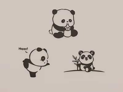 Cute Panda Wall Decor With Dancing Sitting Holding Bamboo Pandas And Hoppy Text Design 3d model