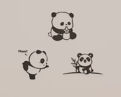 Cute Panda Wall Decor With Dancing Sitting Holding Bamboo Pandas And Hoppy Text Design 3d model
