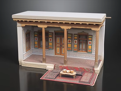 Traditional Sofa Coffee Table Set On Decorative Rug With Colorful Doors And Columns 3d model