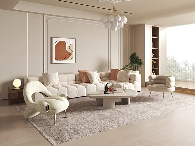 Light Colored Wall With Decorative Molding And Framed Artwork In Modern Living Room Interior 3d model