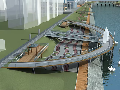 Modern Urban Park Landscape With Curved Walkway Wooden Deck Green Grass And Waterfront View 3d model