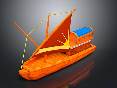 Traditional Orange Boat Featuring Orange Sail Blue Cabin And Ropes 3d model