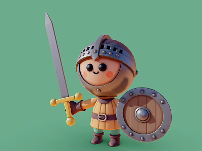 Cartoon Man In Armor With Helmet Holding Sword And Shield On Green Background 3d model