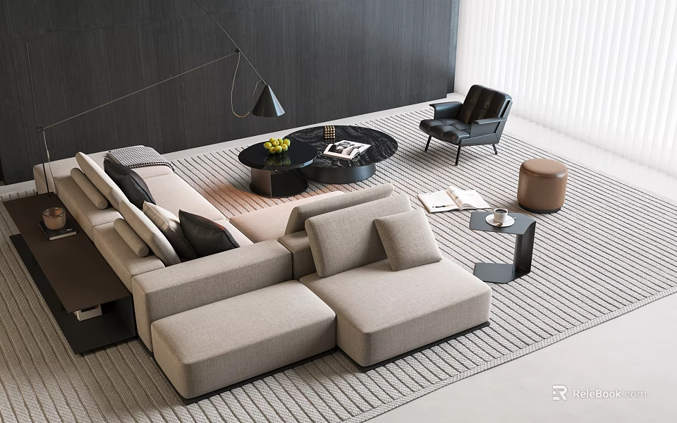 Modern Living Room Interior With Light Gray L-shaped Sofa And Black Round Coffee Table Set 3d model 