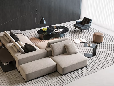 Modern Living Room Interior With Light Gray L-shaped Sofa And Black Round Coffee Table Set 3d model