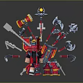 Lego Style Red Mechanical Device With Various Weapons Axes Hammers And Spears