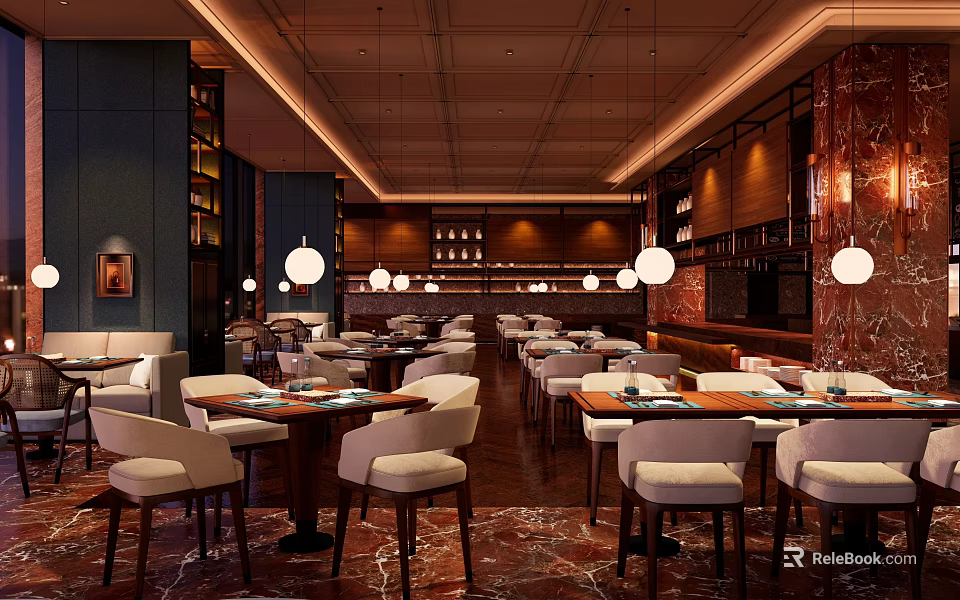 Elegant Restaurant Interior With Wooden Tables White Chairs Pendant Lights And Marble Flooring 3d model 
