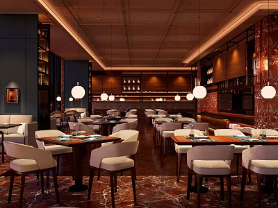 Elegant Restaurant Interior With Wooden Tables White Chairs Pendant Lights And Marble Flooring 3d model