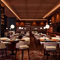 Elegant Restaurant Interior With Wooden Tables White Chairs Pendant Lights And Marble Flooring