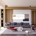 Modern Living Room Interior With Gray Sofa Red Chair Marble Coffee Table And Wooden Accents
