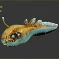 Game Movie Character With Yellow Blue Body Large Eyes Sharp Teeth Antennae And Dorsal Fins