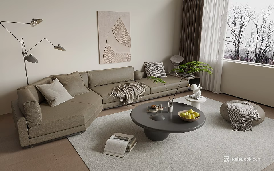 Modern Beige L Shaped Sofa with Gray Round Coffee Table and Decorative Elements 3d model