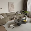 Modern Beige L Shaped Sofa with Gray Round Coffee Table and Decorative Elements 3d model