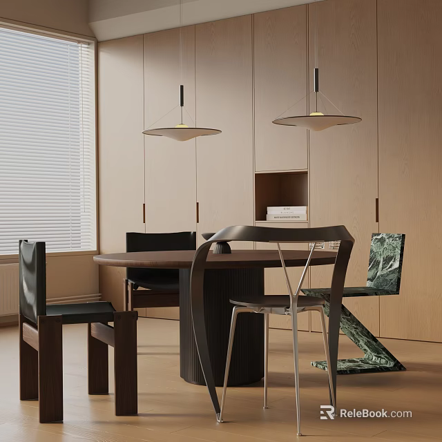 Modern Minimalist Dining Table Set With Pendant Lights Wooden Walls Green Artwork And Chairs 3d model 