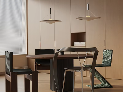 Modern Minimalist Dining Table Set With Pendant Lights Wooden Walls Green Artwork And Chairs 3d model