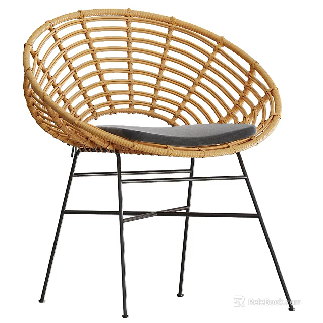 Woven Rattan Outdoor Chair with Black Metal Legs and Gray Cushion 3d model 